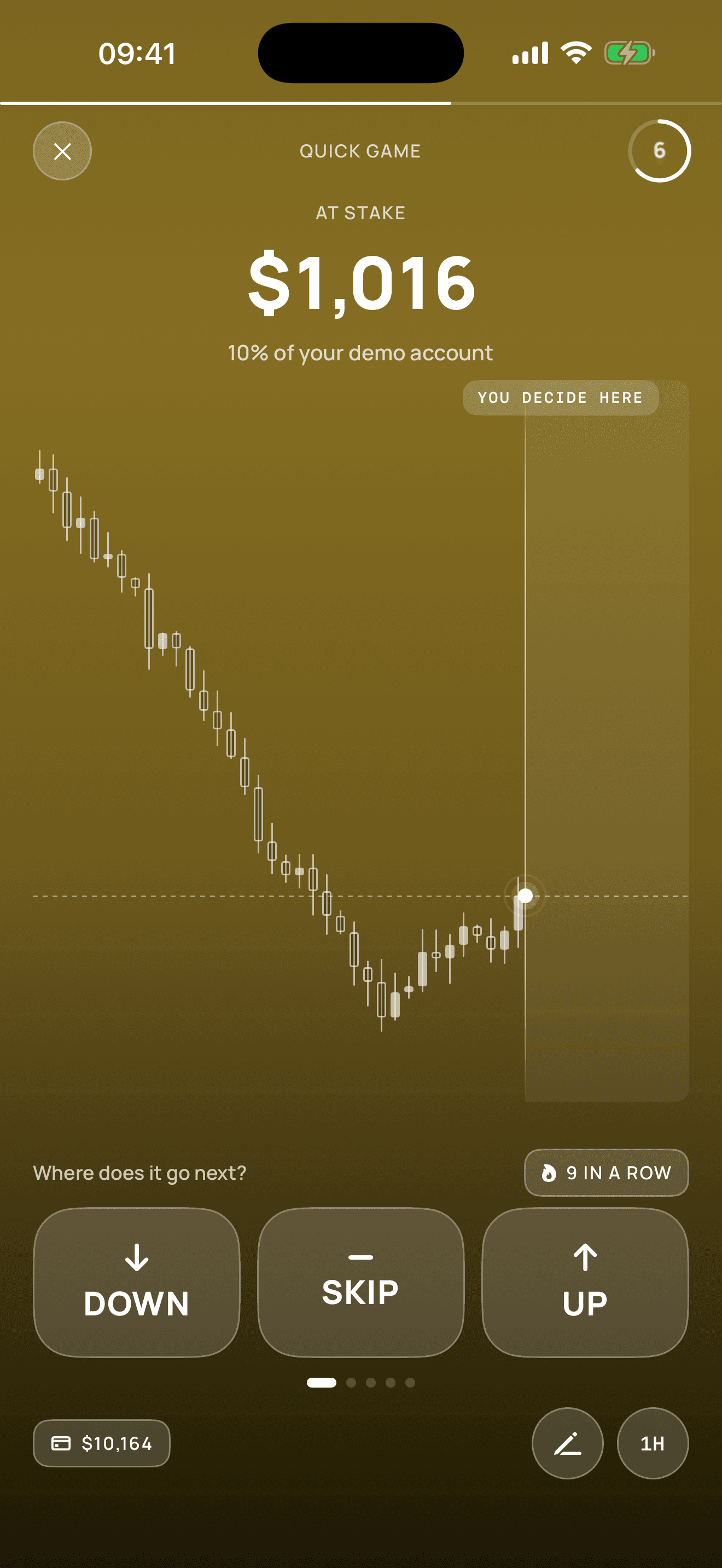 A candlestick chart frozen on a gold background, with the Down, Skip and Up buttons.